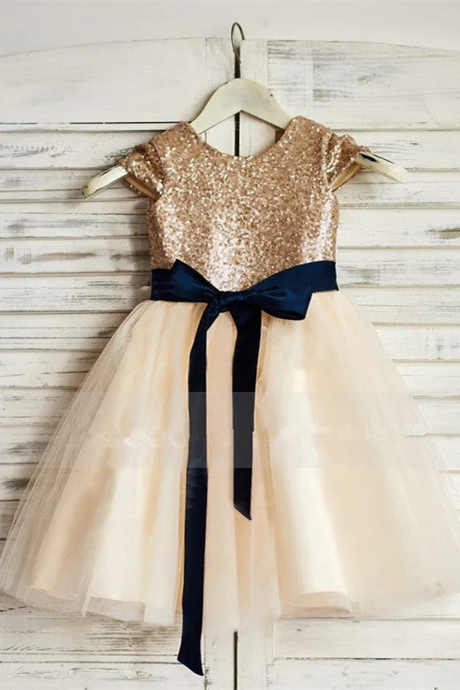 Discount Extravaganza lace dressSparkly Gold Sequins Flower Girl Dress with Navy Blue Sash