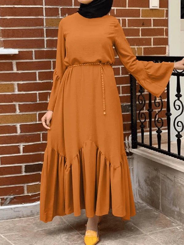 Incredible Offers vintage-inspired dressWomen Solid Color Ruffle Long Sleeve Simple Kaftan Maxi Dresses