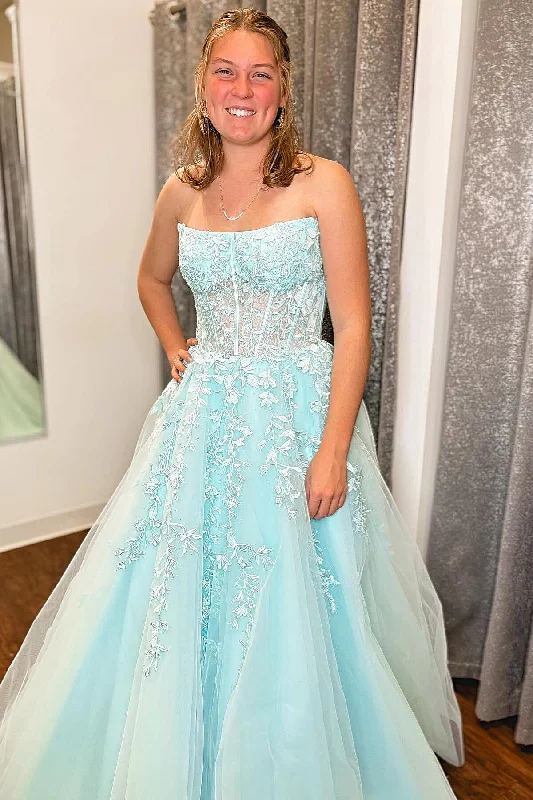 Mega Sale wrap-around dressLight Blue Strapless Floral A-line Long Prom Dress