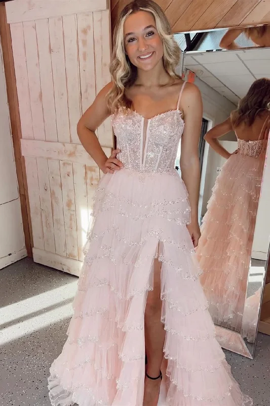 Today’s Special relaxed fit dressLight Pink Spaghetti Straps Sequined Layers Floral Long Prom Dress with Slit