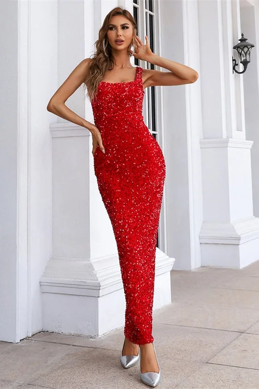 Special Offer fitted cocktail dressClassic Tea Length Red Sequins Tight Dress