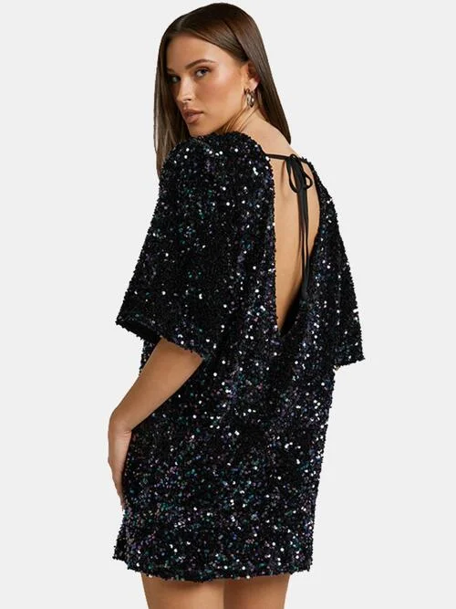 New Markdowns vintage-inspired dressSequin Tie Back Half Sleeve Mini Dress