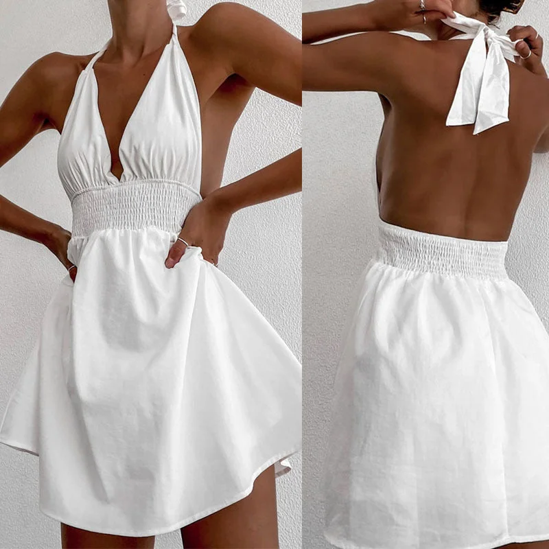 Deal Dash t-shirt dressDeep V-neck Lace Up Waist-controlled White Dress With Chest Pad
