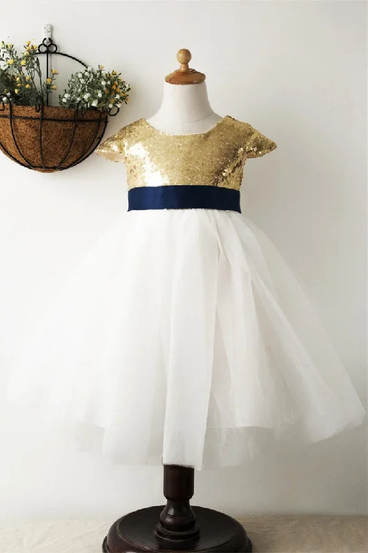 Inventory Reduction luxury dressCute Gold Sequined Top Flower Girl Dress