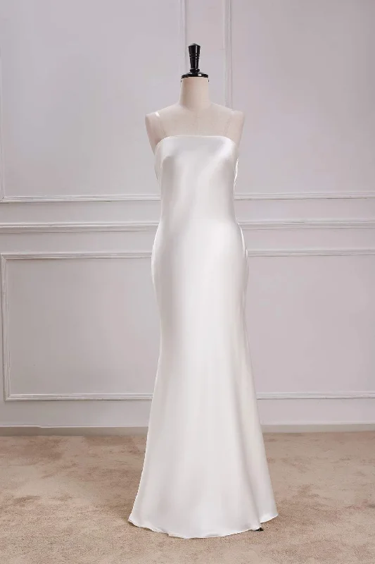 Midnight Sale elegant maxi dressWhite Strapless Mermaid Satin Long Bridesmaid Dress