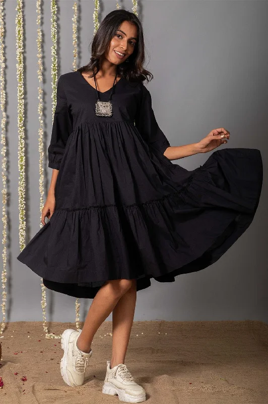 Super Deal V Neck Cotton Mul Black Graduated Dress
