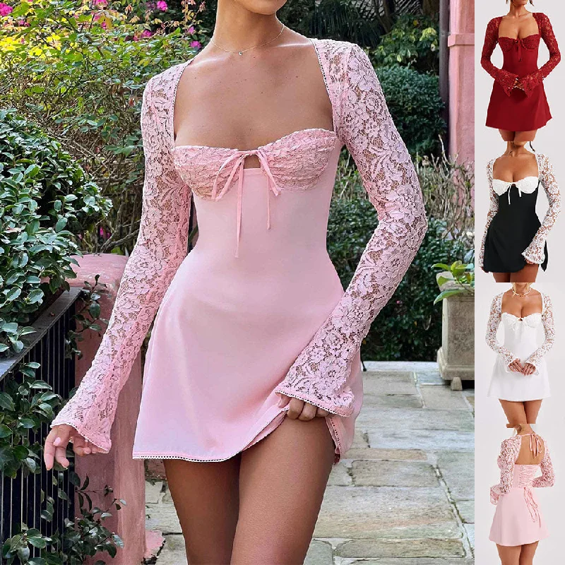 party-ready dressFashion Corset Lace Long Sleeve Dress Sexy Y2K Backless Lace Up Short Dresses Womens Clothing