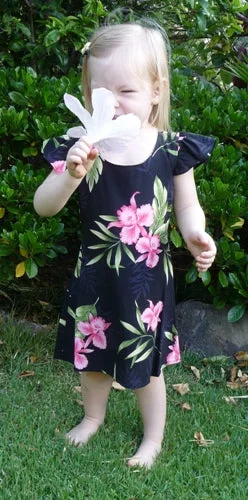 Super Sale 105R - Girls Hawaiian Dress Orchid Fern in Black