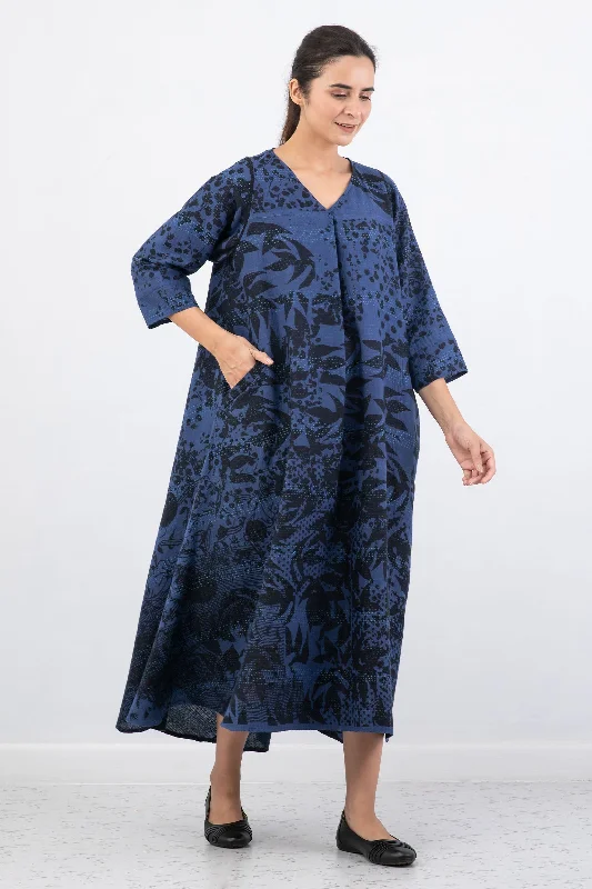 Exclusive Preview MONOTONE TWILIGHT PRINT KANTHA V-NECK MAXI WITH SLEEVES - tp2441-nvy -