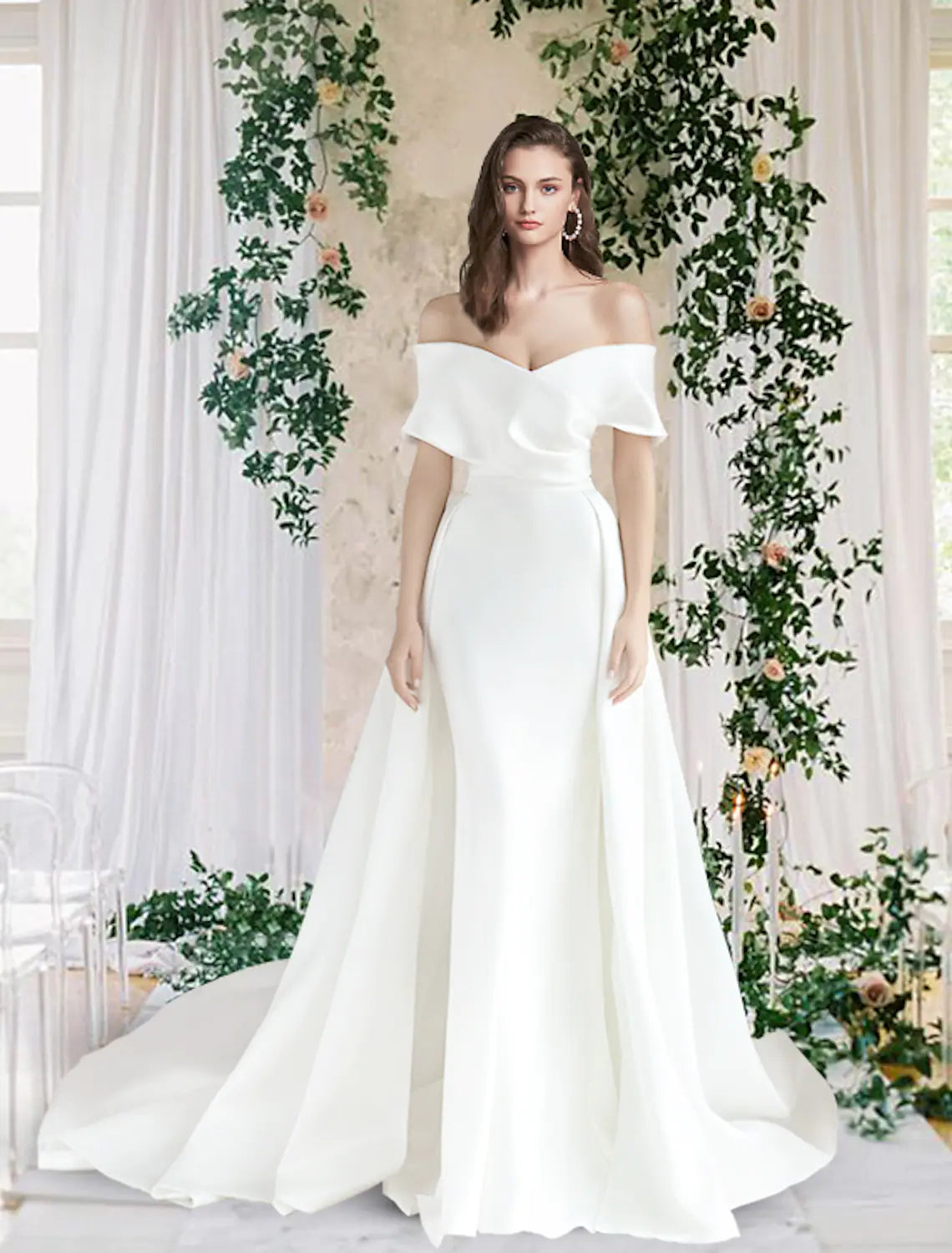 Midnight Madness Casual Wedding Dresses Short Sleeve Off Shoulder Satin With Ruched