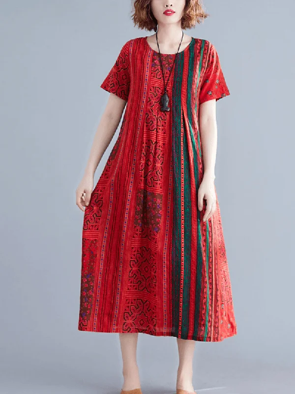Weekend Deal trendy mini dressEthnic Stripe Print Short Sleeve Vintage Dress