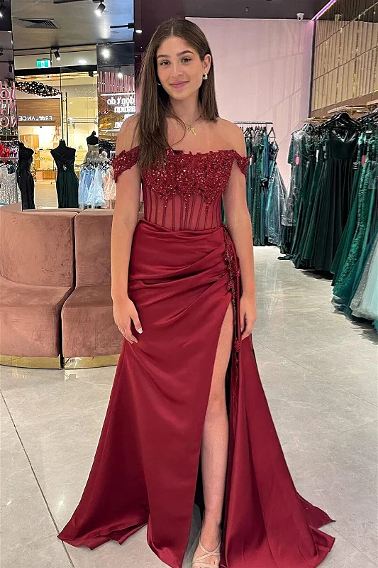 Final Clearance boho-chic dressRed Off-Shoulder Mermaid Floral Rhinestones Long Prom Dress with Slit
