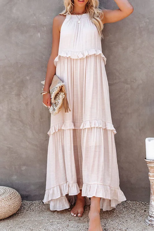 stylish party dressHalter Sleeveless Pleated Tiered Maxi Dress