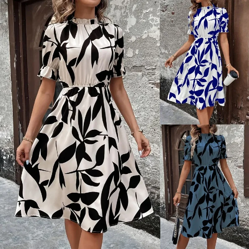 Major Savings casual day dressShort Sleeve Round Neck Ruffled Printed Girdle Dress