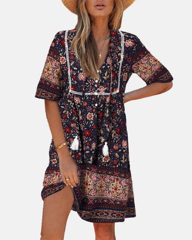 Exclusive Deal fitted dressBohemian Floral Print V-Neck Short Sleeve Mini Dress