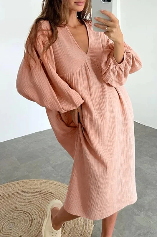 one-shoulder dressDouble Crepe V Neck Puff Sleeve Loose Dress