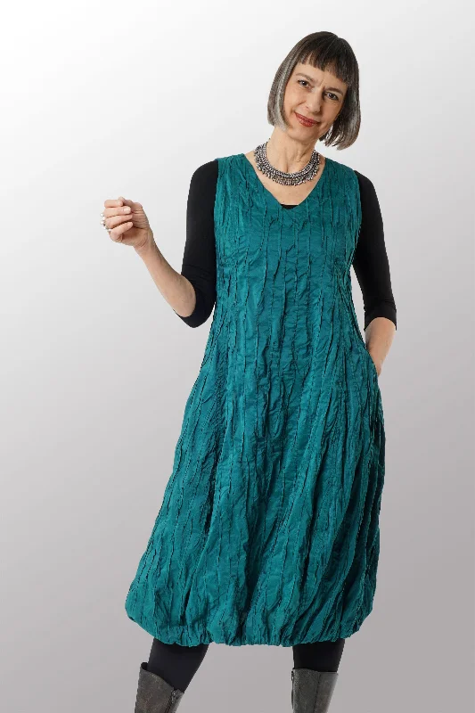 Fantastic Deals DYED COTTON SILK HEAVY VOILE RANDOM TUCK V-NECK BALLOON DRESS - dr1451-grn -