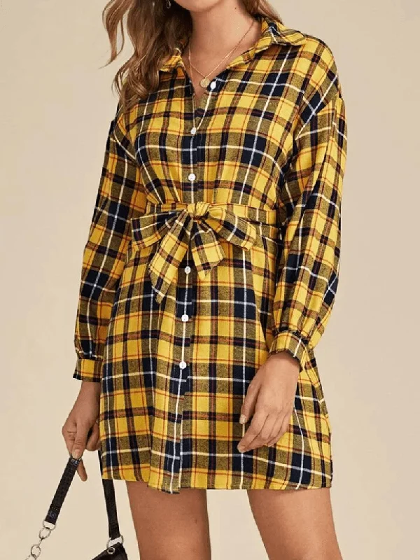 Markdown Madness draped dressChic Long Sleeved Lapel Belted Long Sleeve Plaid Shirt Dress for Women