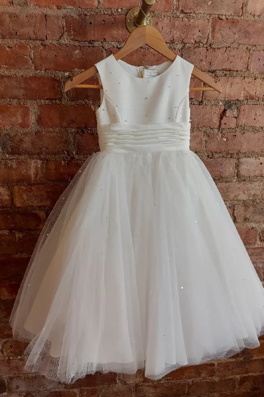 Final Clearance ruffle dressWhite Jewel Sleeveless Pearl Beaded Long Flower Girl Dress with Bow Sash
