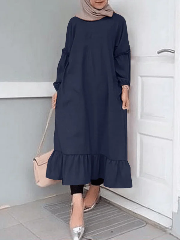 Weekend Special fitted bodycon dressWomen Ruffle Hem Trim Solid Color O-Neck Casual Elastic Cuff Shirt Maxi Dress with Pockets