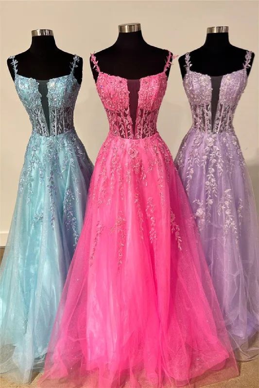 Price Blitz casual slip dressHot Pink Floral Straps Appliques A-line Long Prom Dress