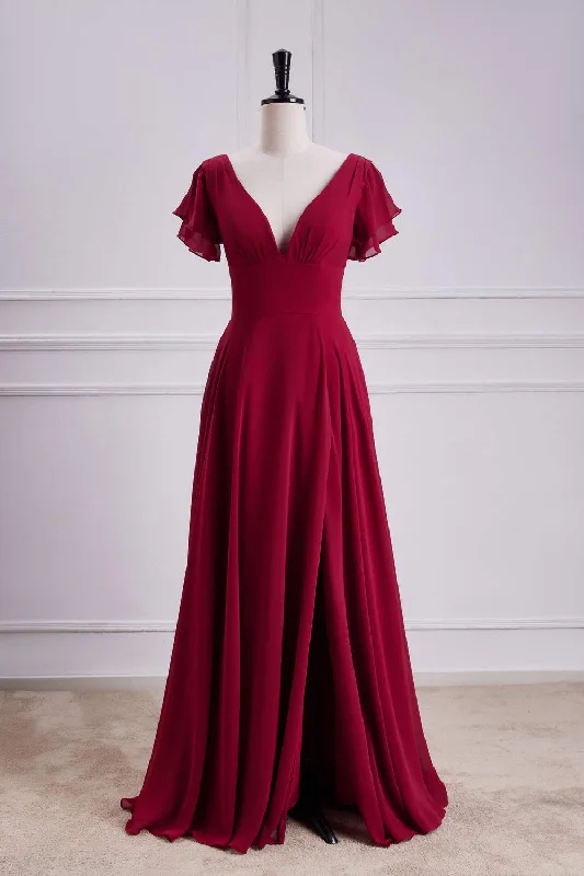Unmissable Offer backless dressWine Red Flaunt Sleeves V Neck A-line Long Bridesmaid Dress with Slit
