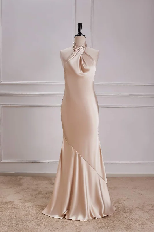 Friends and Family Sale trendy bodycon dressChampagne Crossed Halter Mermaid Satin Long Bridesmaid Dress