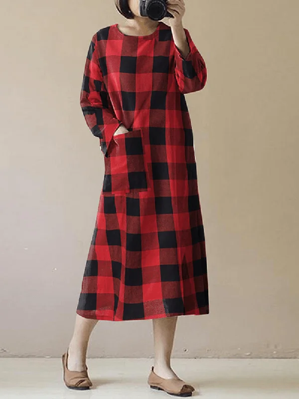 Closeout form-fitting dressWomen Vintage Plaid O-Neck Long Sleeve Splited Midi Dress