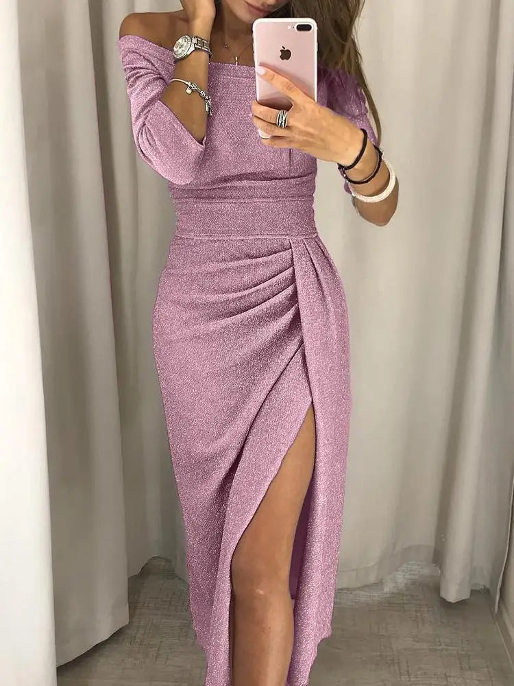 evening dressBright Glitter Bodycon Dress Women Sexy Off Shoulder Party Long Dress