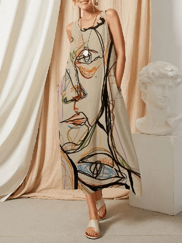 YEAR-End Clearance off-the-shoulder dressGraffiti Abstract Pattern Print O-Neck Sleeveless Pocket Print Dress for Women