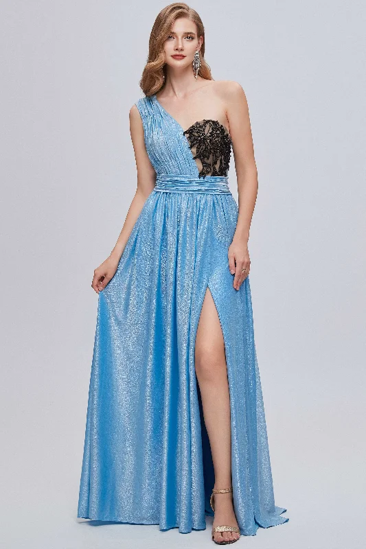 Limited Availability fitted cocktail dressBlue One-Shoulder Bustier A-Line Long Prom Gown