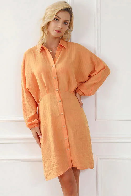 Big Discounts denim dressTexture Button Up Balloon Sleeve Shirt Dress