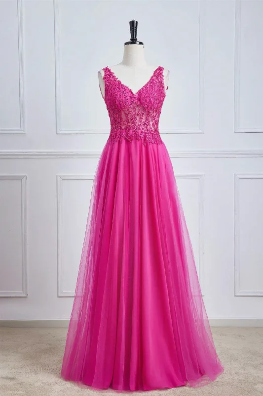 Crazy Deals high-waisted dressFuchsia Plunging V Appliques A-line Long Prom Dress