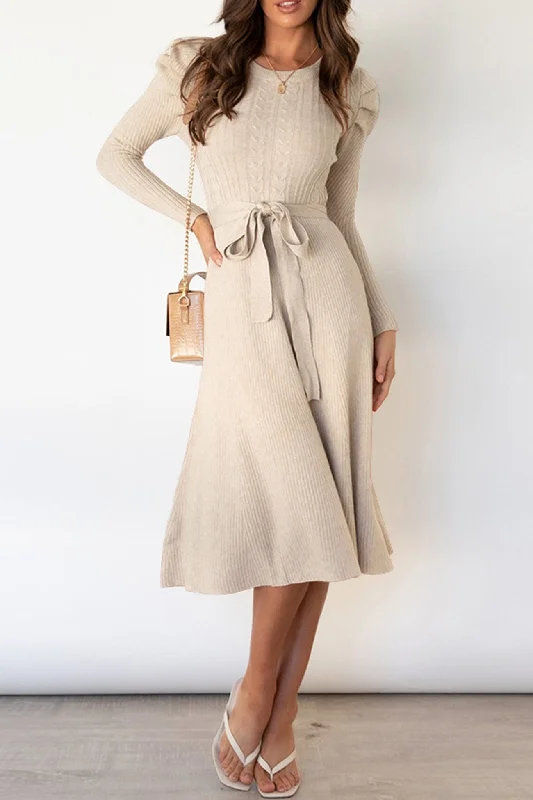 pleated dressPuff Sleeve Tie-waist Knit Dress