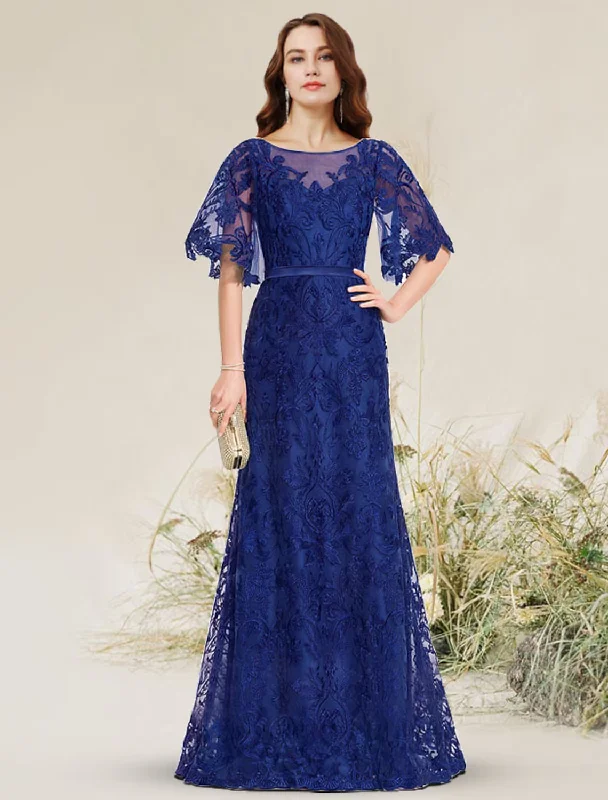 Amazing Deals A-Line Evening Gown Elegant Dress Engagement Floor Length Short Sleeve Jewel Neck Lace with