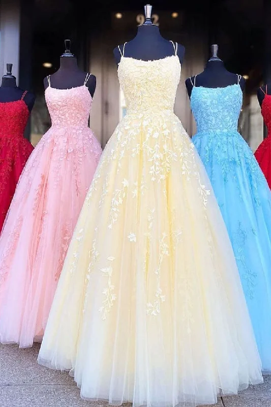 Value Deals winter dressPrincess Straps Long Prom Dress with Lace Appliques