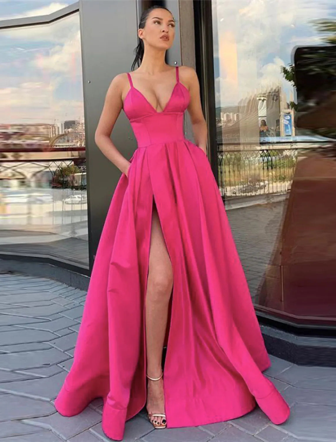 YEAR-End Clearance A-Line Prom Dress High Split Evening Dress Formal Birthday Sleeveless with Pleats Split Front