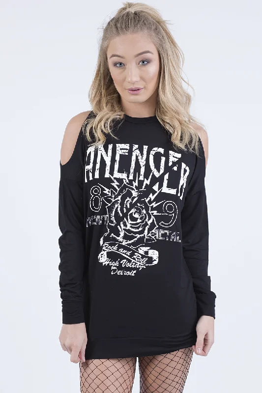 comfy crewneck sweatshirtBlack Heavy Metal Cold Shoulder Jumper - Neve