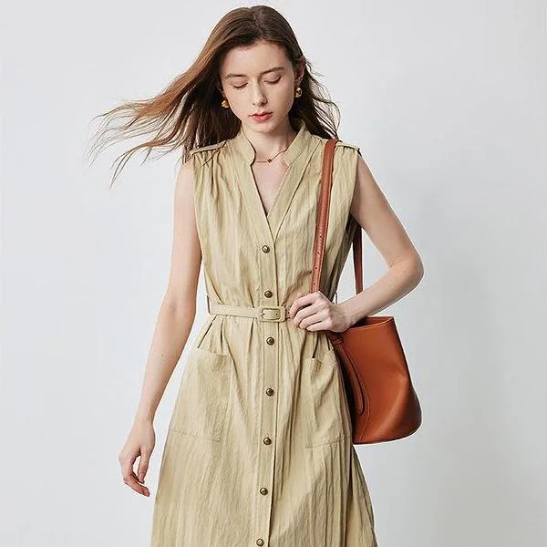 Closeout Sale party-ready dressElegant Summer V-Neck Midi Shirt Dress with Pockets