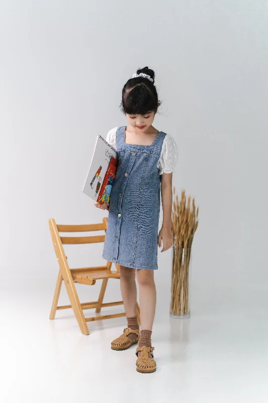 Price Drop Denim Buttoned Puff Sleeves Dress