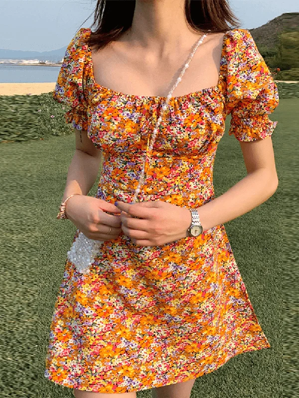 Best Bargains off-shoulder dressWomen Maid Square Neck Puff Sleeve Floral Pleated Mini Dress
