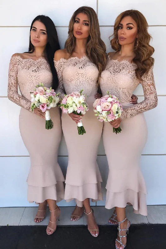Best Bargains office dressSexy Long Sleeves Champagne Mermaid Long Bridesmaid Dress