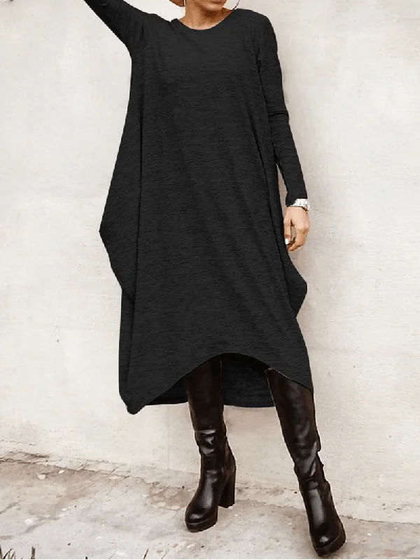 Great Deals winter dressWomen's Casual High Low Hem Midi Dress - Loose Fit with Long Sleeves