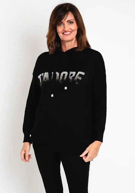 Bargain Blast cozy pullover hoodiecozy pullover hoodieNatalia Collection One Size Embellished Text Knitted Hoodie, Black