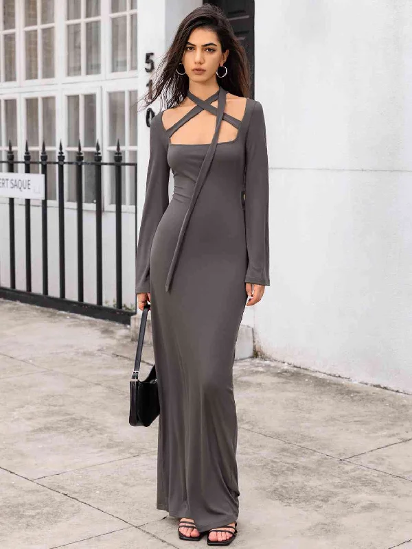 Big Discounts casual knit dressTie Detail Long Sleeve Sexy Maxi Dress