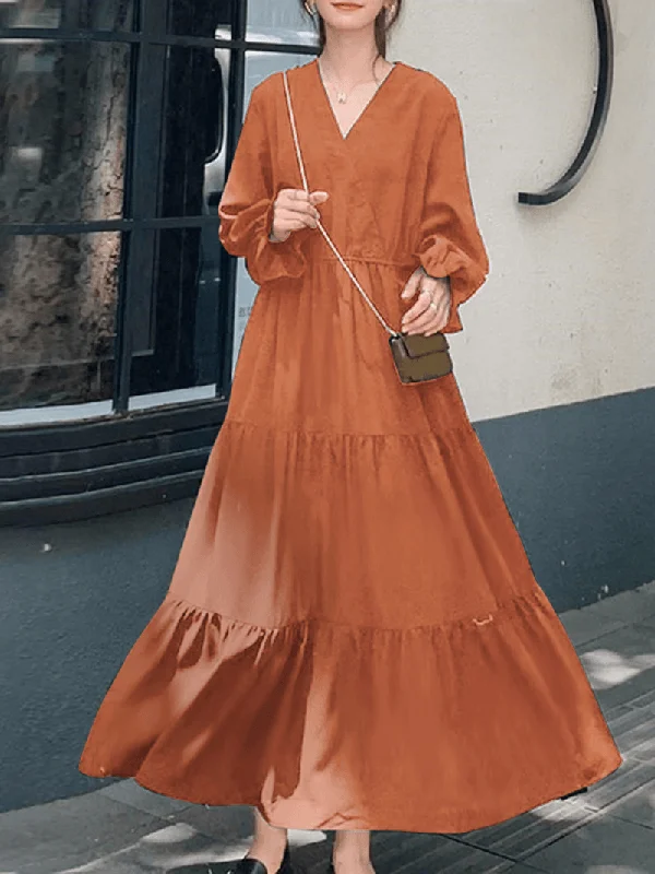 Price Rollback stylish dressWomen Solid Color Puff Sleeve V-Neck Big Swing Casual Maxi Layered Dress