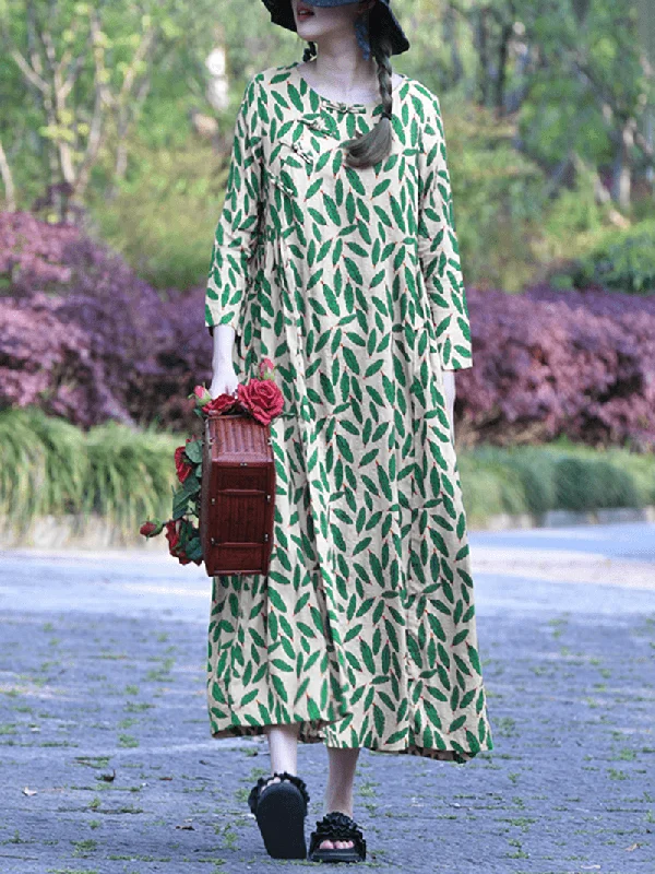 Online Exclusive layered dressLeaf Print Side Frog Button 3/4 Sleeve Casual Maxi Dresses for Women
