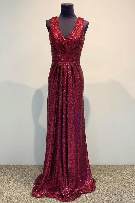 Limited Stock elegant evening dressGorgeous V Neck Burgundy Sequin Long Bridesmaid Dress