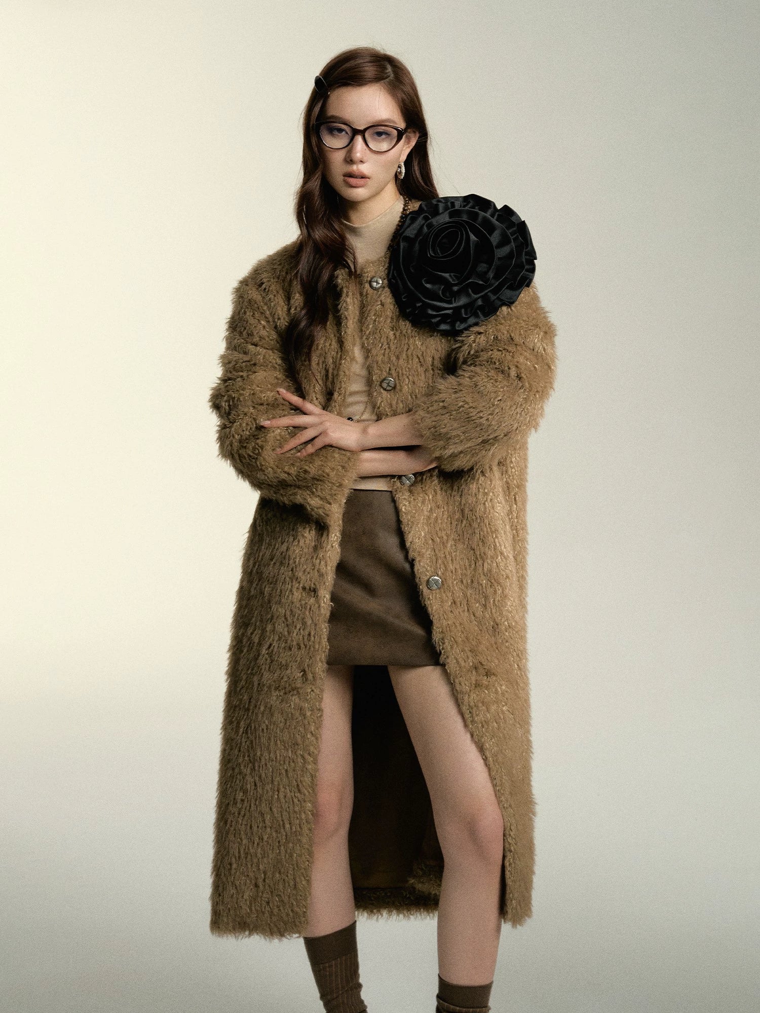 warm trench coatKhaki & Milk White Long Suede Fur Coat