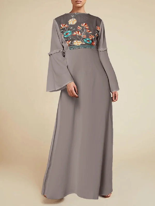 Savings Alert floral dressFloral Embroidery Lace Patchwork Flare Sleeve Back Zipper Bohemian Maxi Dress for Women
